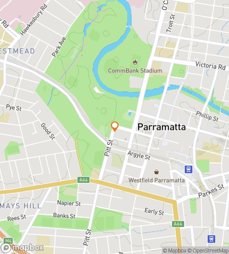 Kaart van de speurtocht wandeltocht voor Grondslagen van een Natie: Verken Parramatta