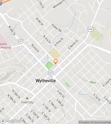 Map of scavenger hunt walking tour for The Wytheville Whodunit Walk