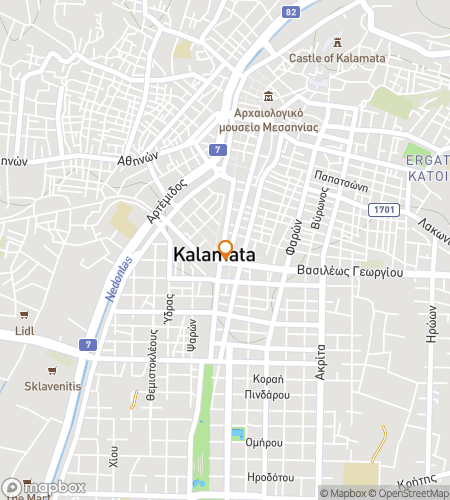 Map of scavenger hunt walking tour for Kalamata Confidential: A Mediterranean Mystery