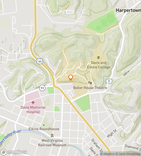 Map of scavenger hunt walking tour for Davis & Elkins College Hunt