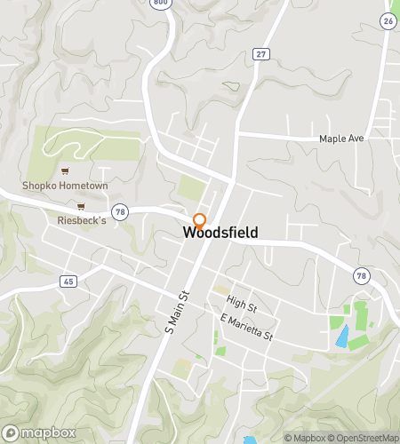 Map of scavenger hunt walking tour for Woodsfield Whimsical Wander