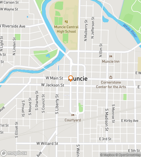 Map of scavenger hunt walking tour for Muncie’s Glass & Grit Mystery Trail