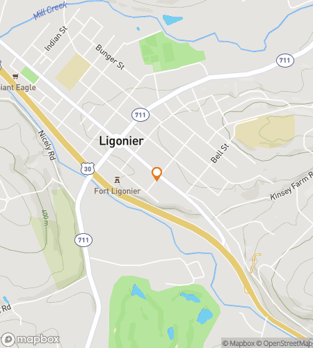 Map of scavenger hunt walking tour for Ligoniers Historic Highway Adventure