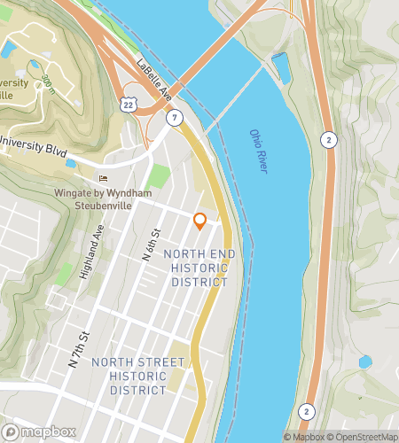 Map of scavenger hunt walking tour for Steubenville Ohio River Views & Hidden Alley Gems