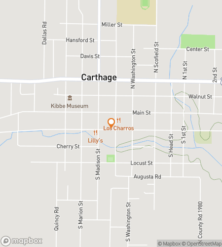 Kartta kaupunkiseikkailukävelykierroksesta Carthagen Downtown Delight Scavenger Huntille