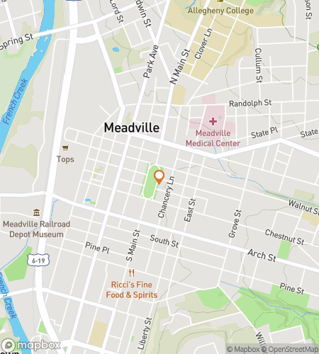Map of scavenger hunt walking tour for Meadville Mischief & Marvels Hunt