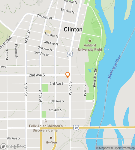 Map of scavenger hunt walking tour for Clinton Historic Streets & Riverside Finds