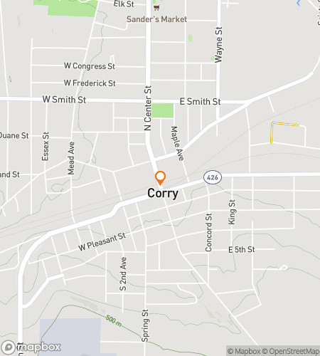 Map of scavenger hunt walking tour for Switch Tracks: A Corry Adventure Circuit