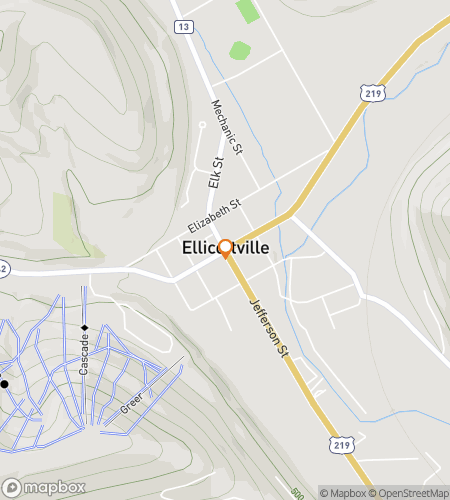 Map of scavenger hunt walking tour for Ellicottville Snowy Slopes & Small-Town Glow