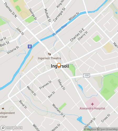 Map of scavenger hunt walking tour for Ingersoll Parks, Patios & Local Finds