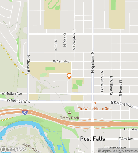 Map of scavenger hunt walking tour for Post Falls Downtown-to-Riverfront Hunt