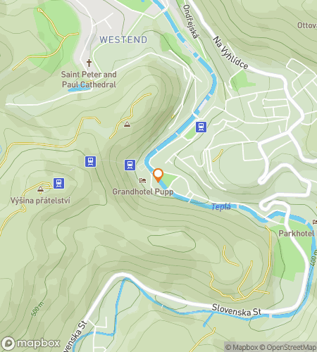 Kart over skattejakt-vandretur for Legends in the Steam: A Karlovy Vary Quest