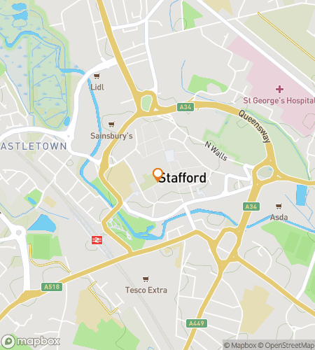 Map of scavenger hunt walking tour for Staffordshire, England: Layers of Life in the County Town