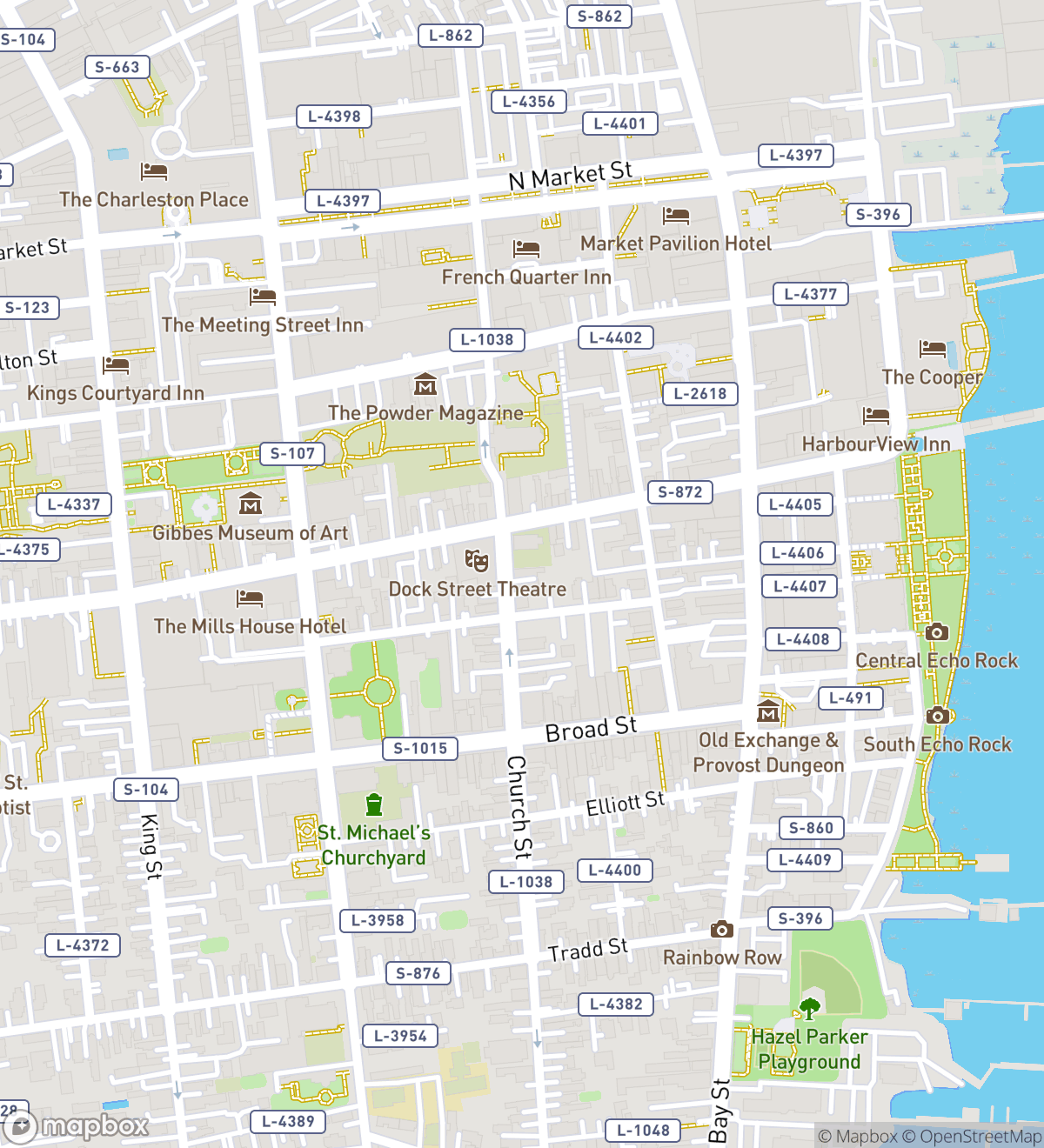 Mapa 6 očíslovaných zastávek scavenger hunt v Charlestonu