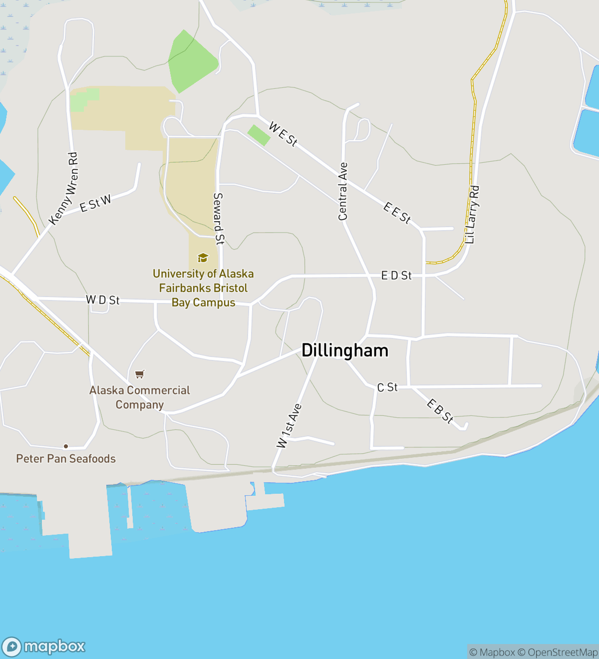 Map of 5 numbered scavenger hunt stops in Dillingham