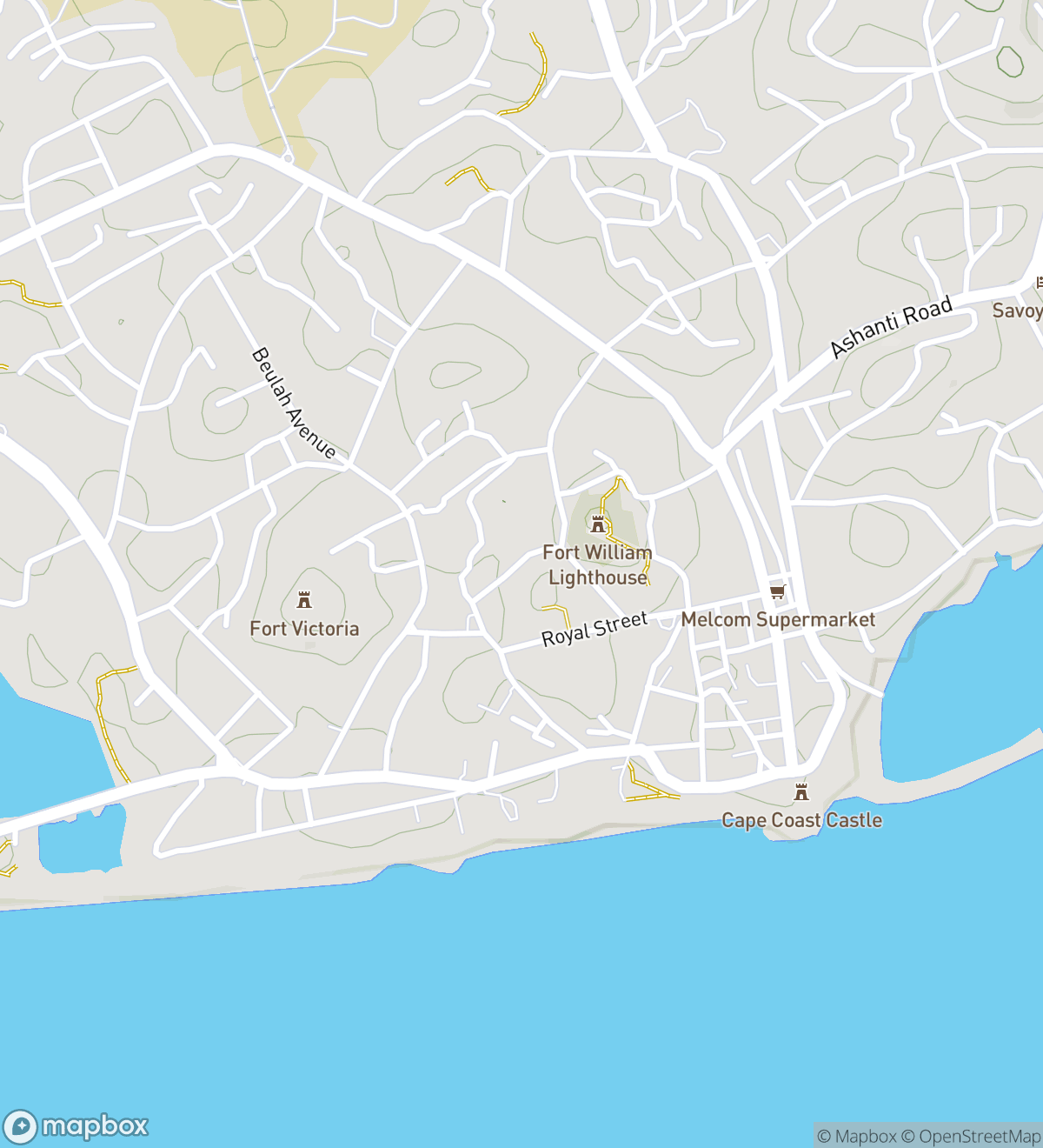 Map of 6 numbered scavenger hunt stops in Cape Coast