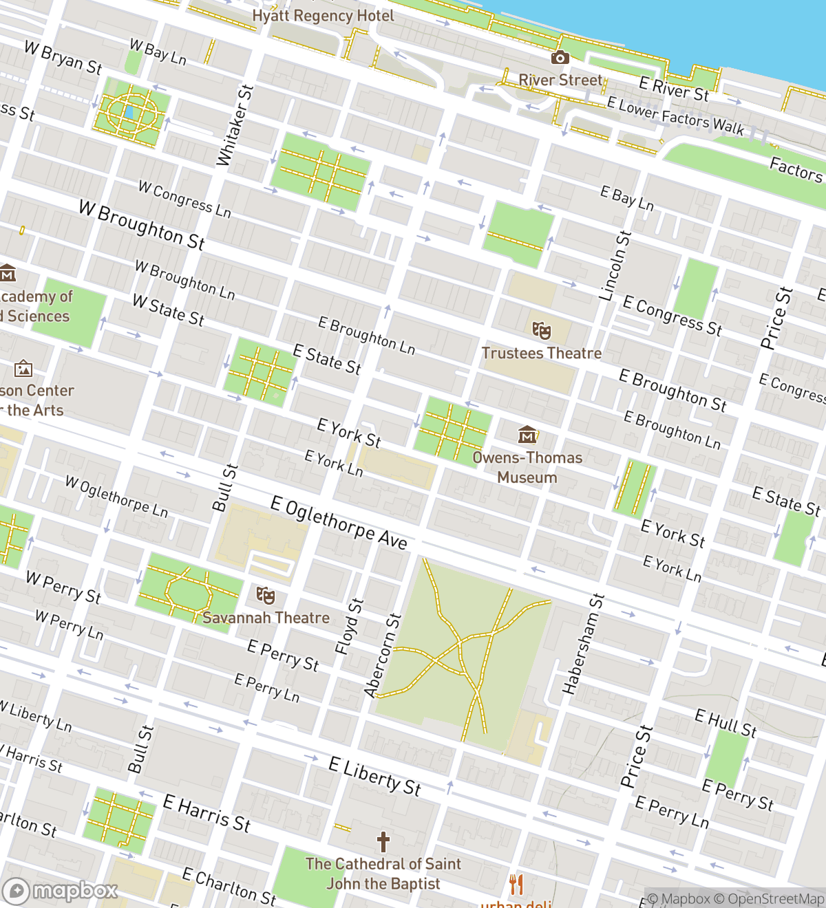 Mapa 7 očíslovaných zastávek scavenger hunt v Savannah