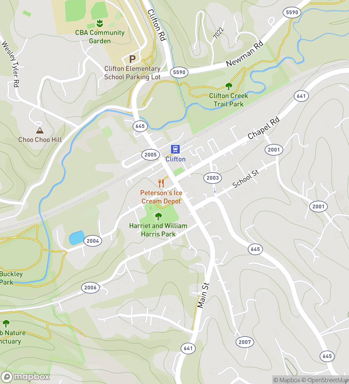 Map of 8 numbered scavenger hunt stops in Clifton