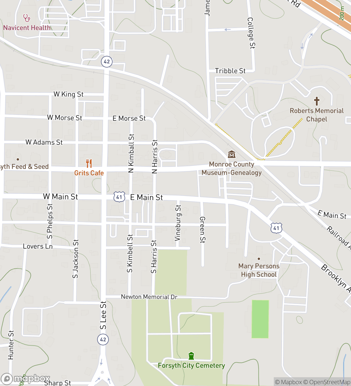 Map of 7 numbered scavenger hunt stops in Forsyth