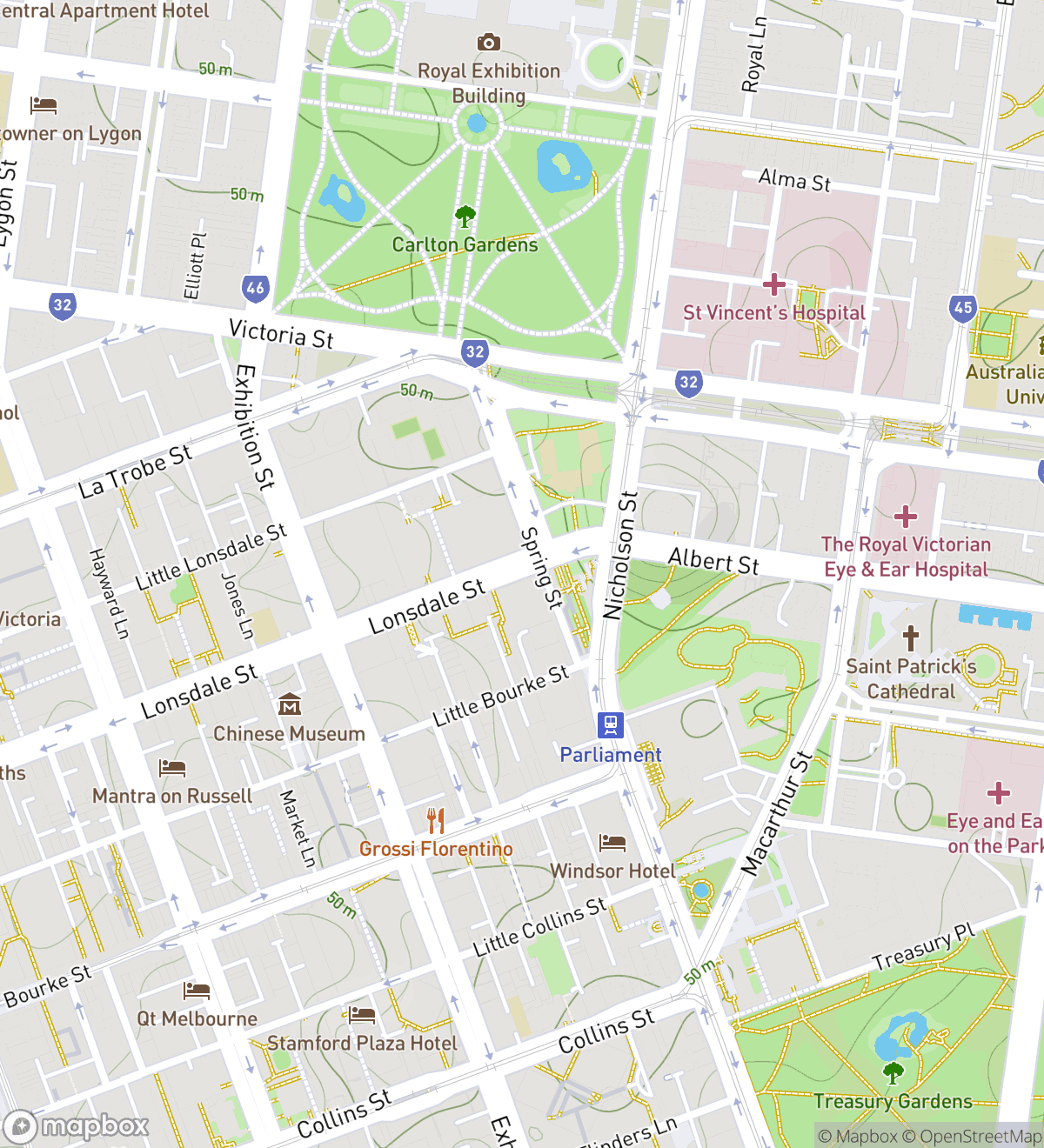 Mapa 8 očíslovaných zastávek scavenger hunt v Melbourne