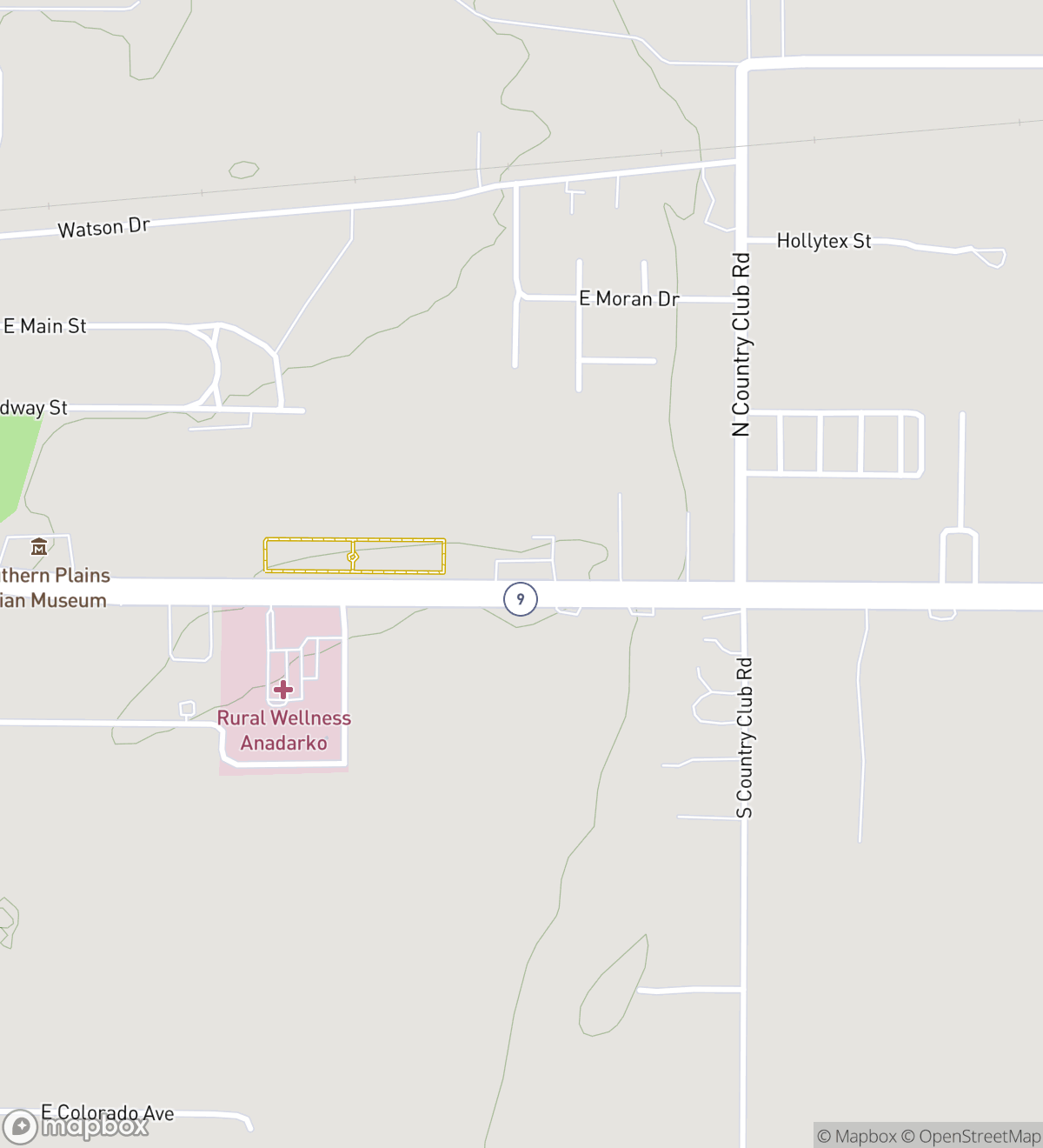 Map of 9 numbered scavenger hunt stops in Anadarko