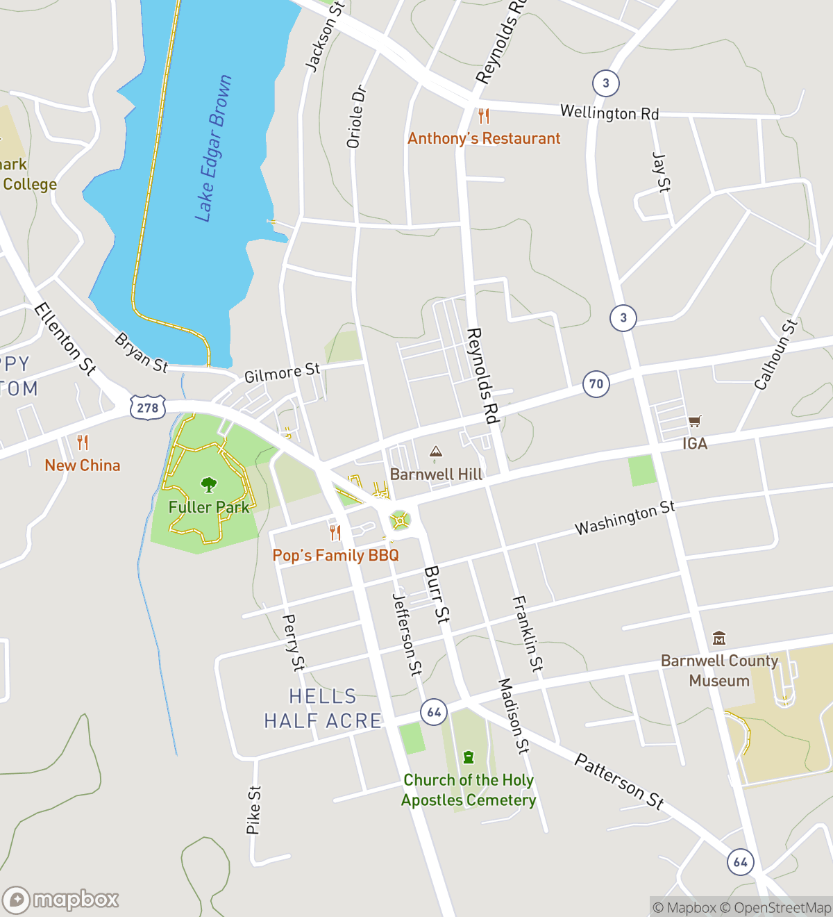 Map of 7 numbered scavenger hunt stops in Barnwell