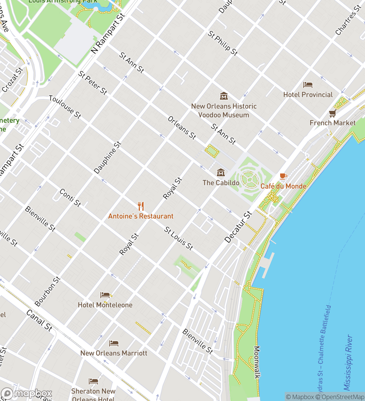Mapa 8 očíslovaných zastávek scavenger hunt v New Orleans