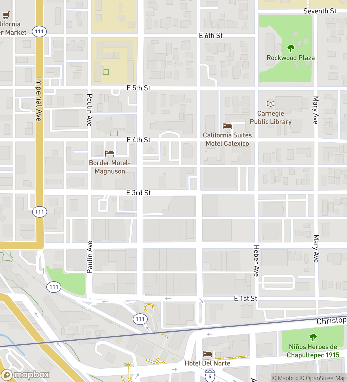 Map of 6 numbered scavenger hunt stops in Calexico
