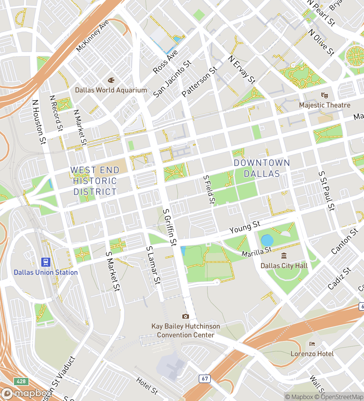 Mapa 6 očíslovaných zastávek scavenger hunt v Dallasu