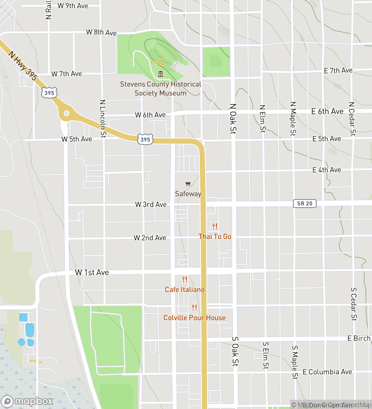 Map of 8 numbered scavenger hunt stops in Colville