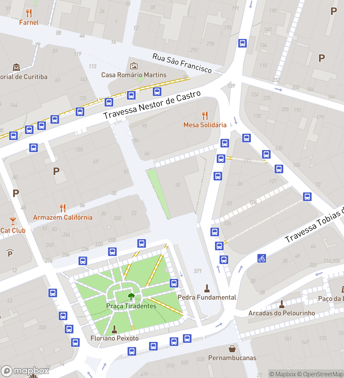 Map of 6 numbered scavenger hunt stops in Curitiba