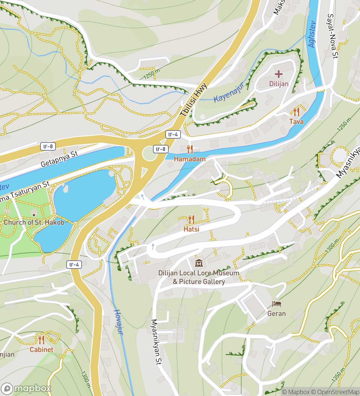 Map of 6 numbered scavenger hunt stops in Dilijan
