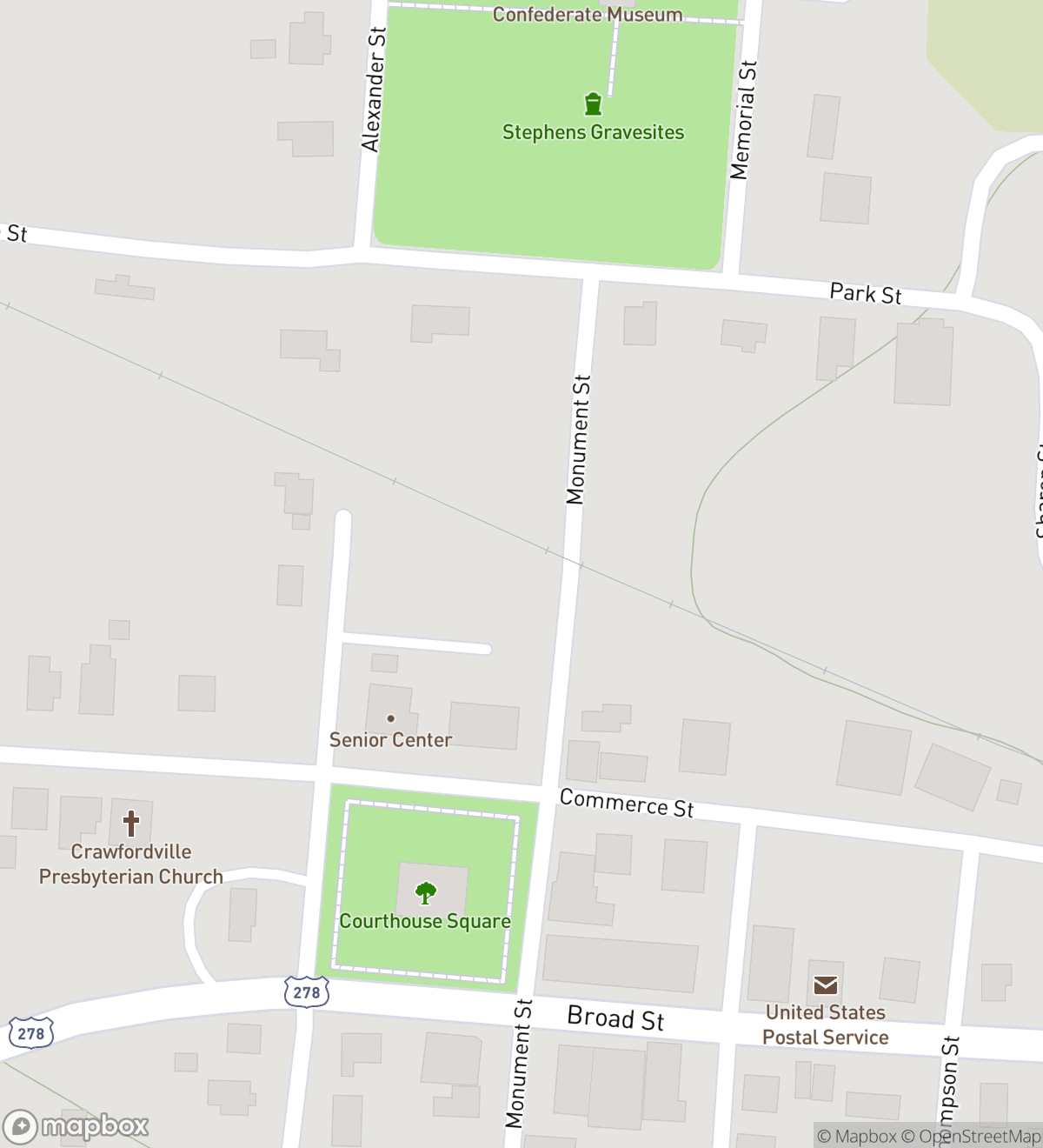 Map of 6 numbered scavenger hunt stops in Crawfordville