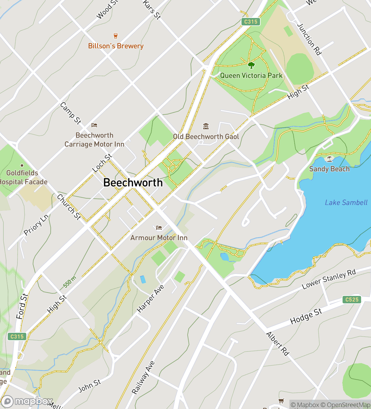 Map of 6 numbered scavenger hunt stops in Beechworth