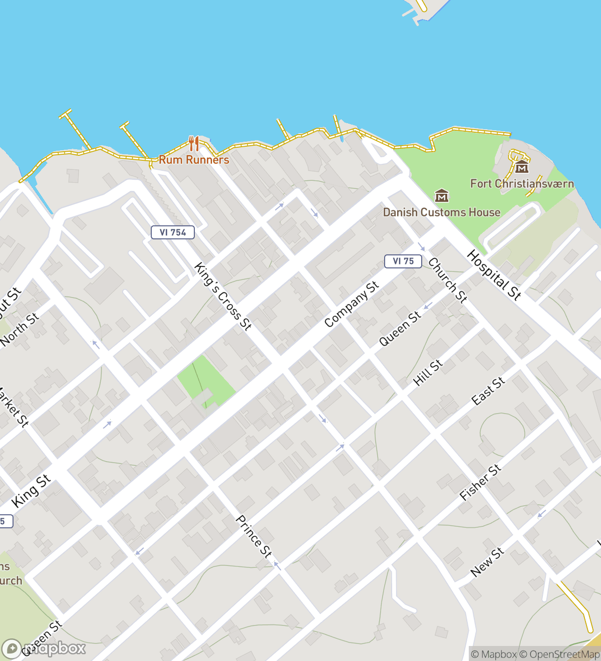 Map of 6 numbered scavenger hunt stops in Christiansted