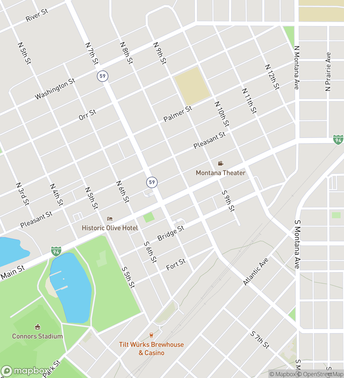 Map of 7 numbered scavenger hunt stops in Miles City