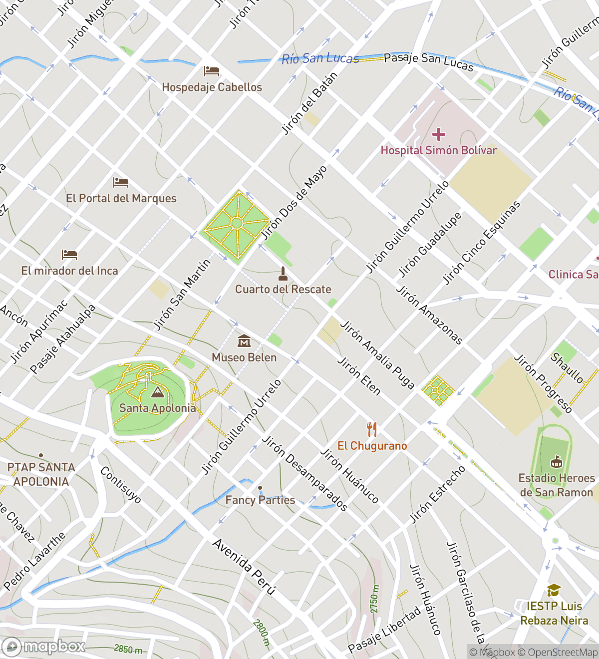 Map of 6 numbered scavenger hunt stops in Cajamarca