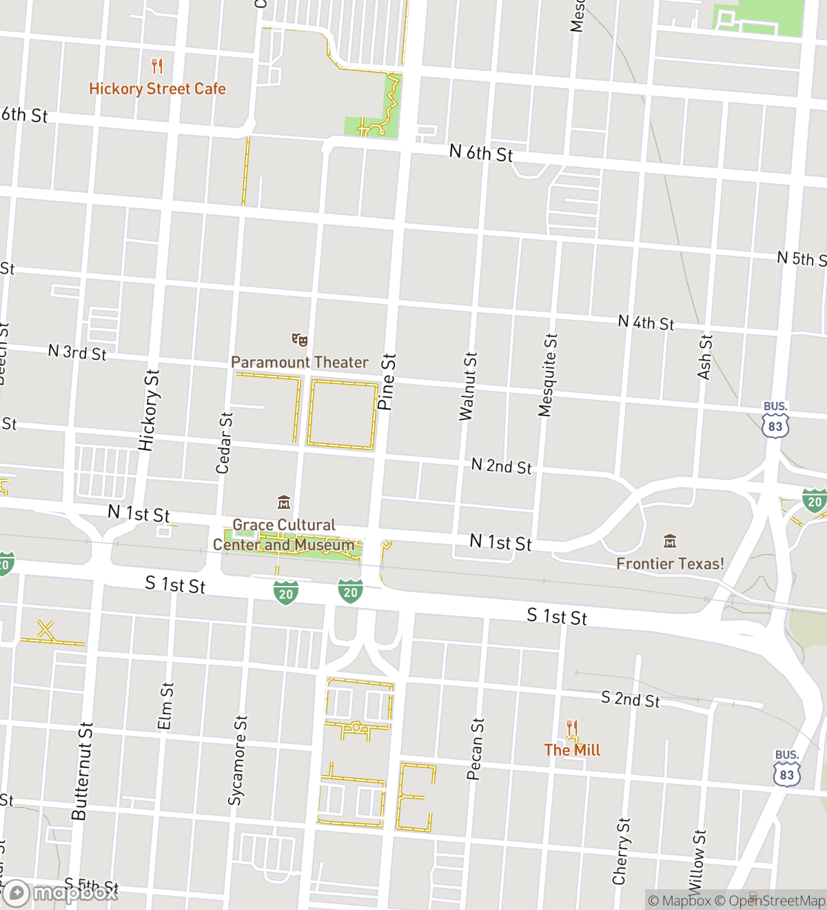 Map of 7 numbered scavenger hunt stops in Abilene