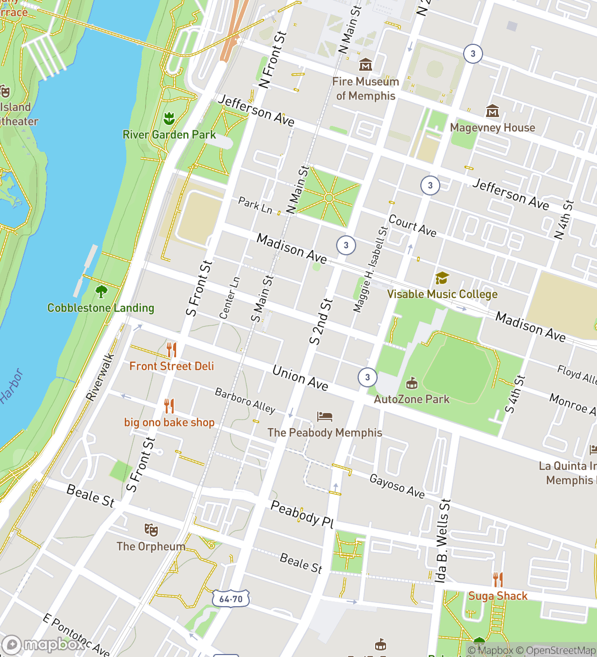 Map of 8 numbered scavenger hunt stops in Memphis