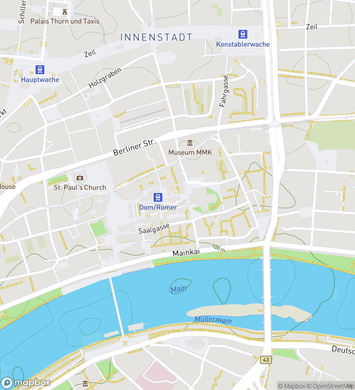 Map of 8 numbered scavenger hunt stops in Frankfurt am Main