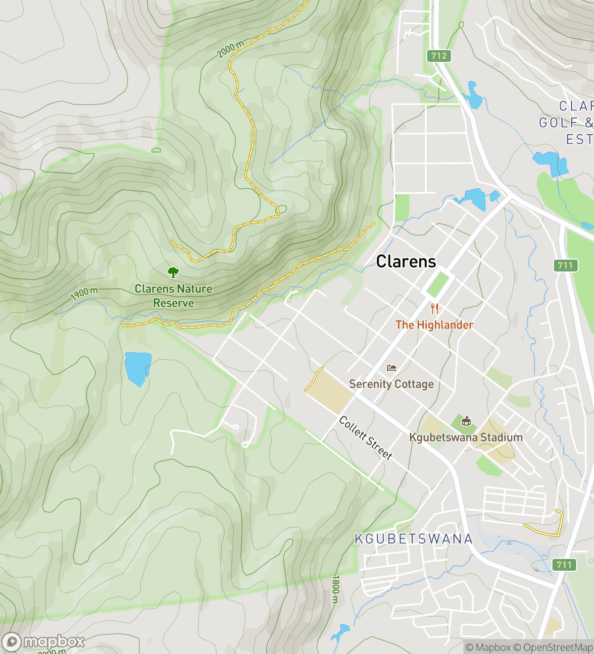 Map of 6 numbered scavenger hunt stops in Clarens