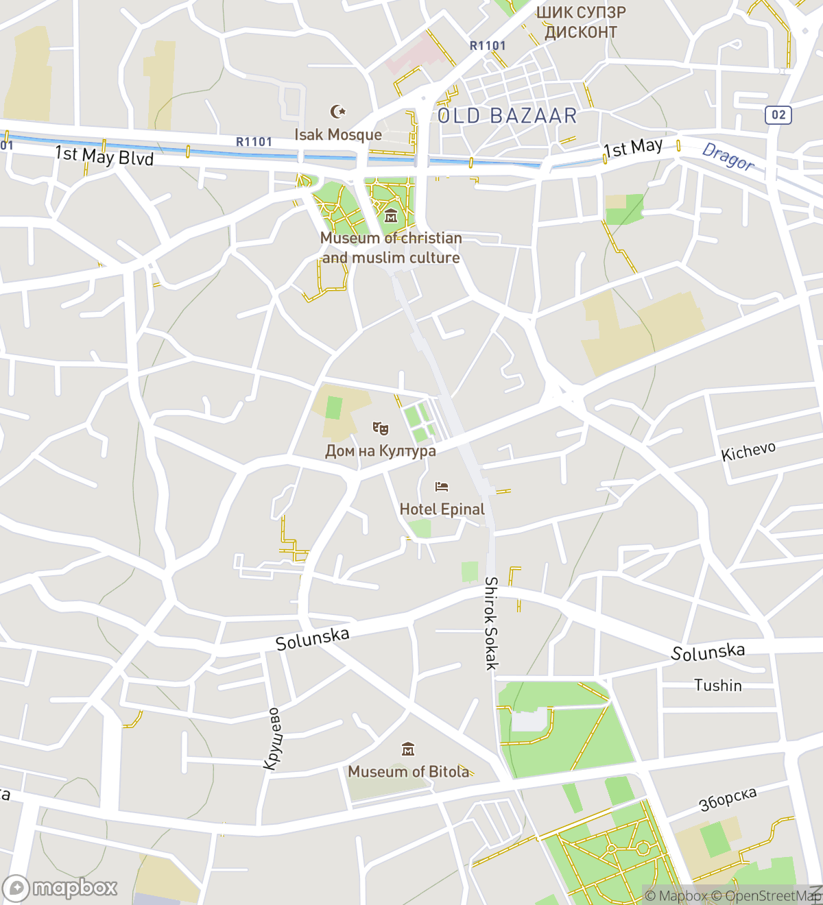Map of 6 numbered scavenger hunt stops in Bitola