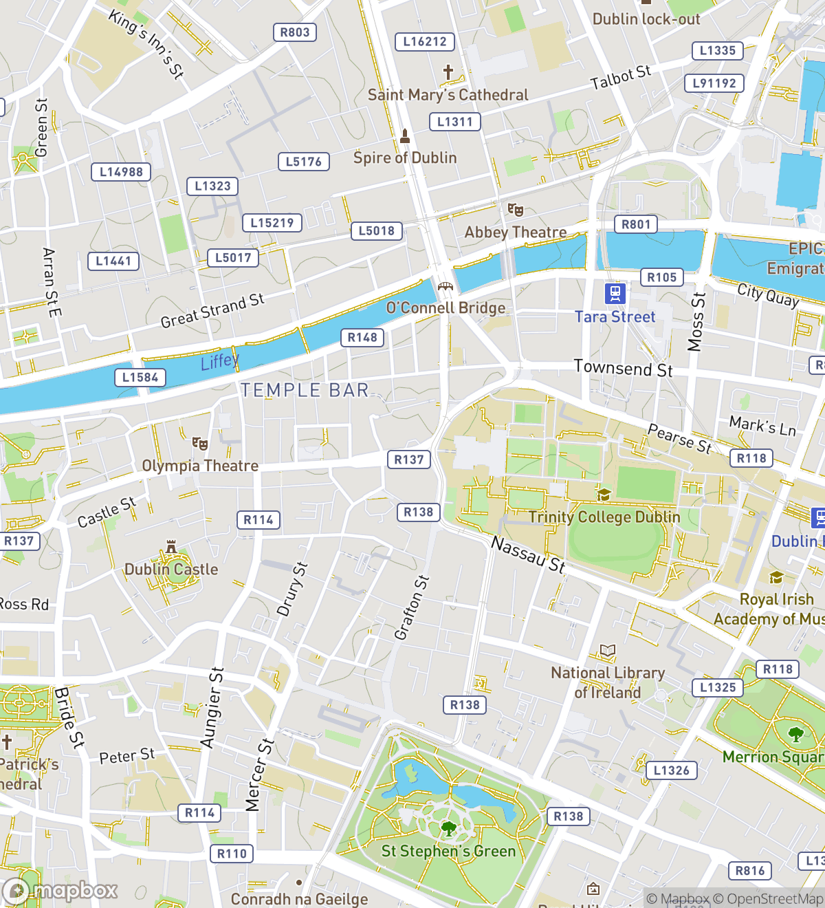 Map of 8 numbered scavenger hunt stops in Dublin