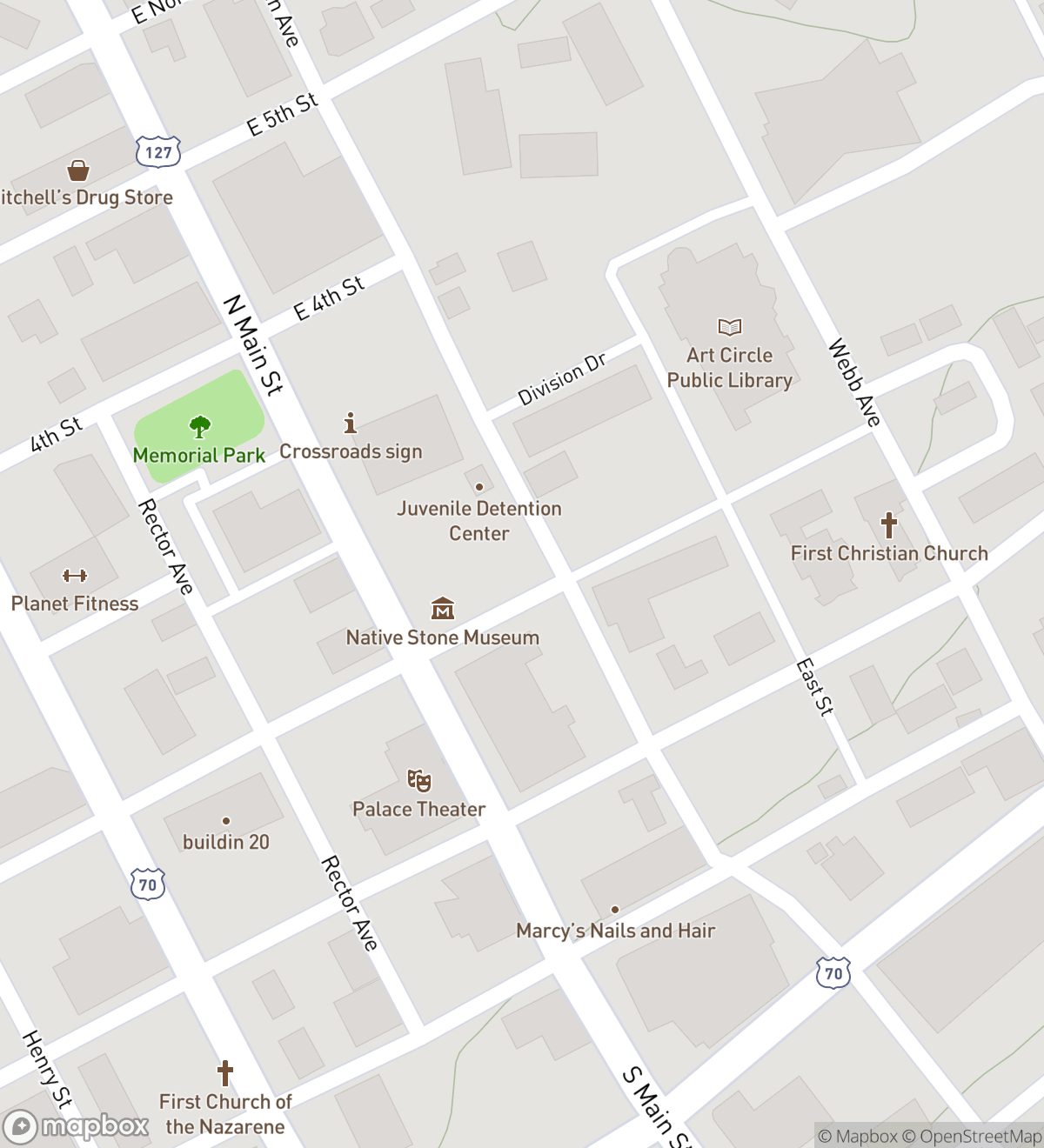 Map of 7 numbered scavenger hunt stops in Crossville