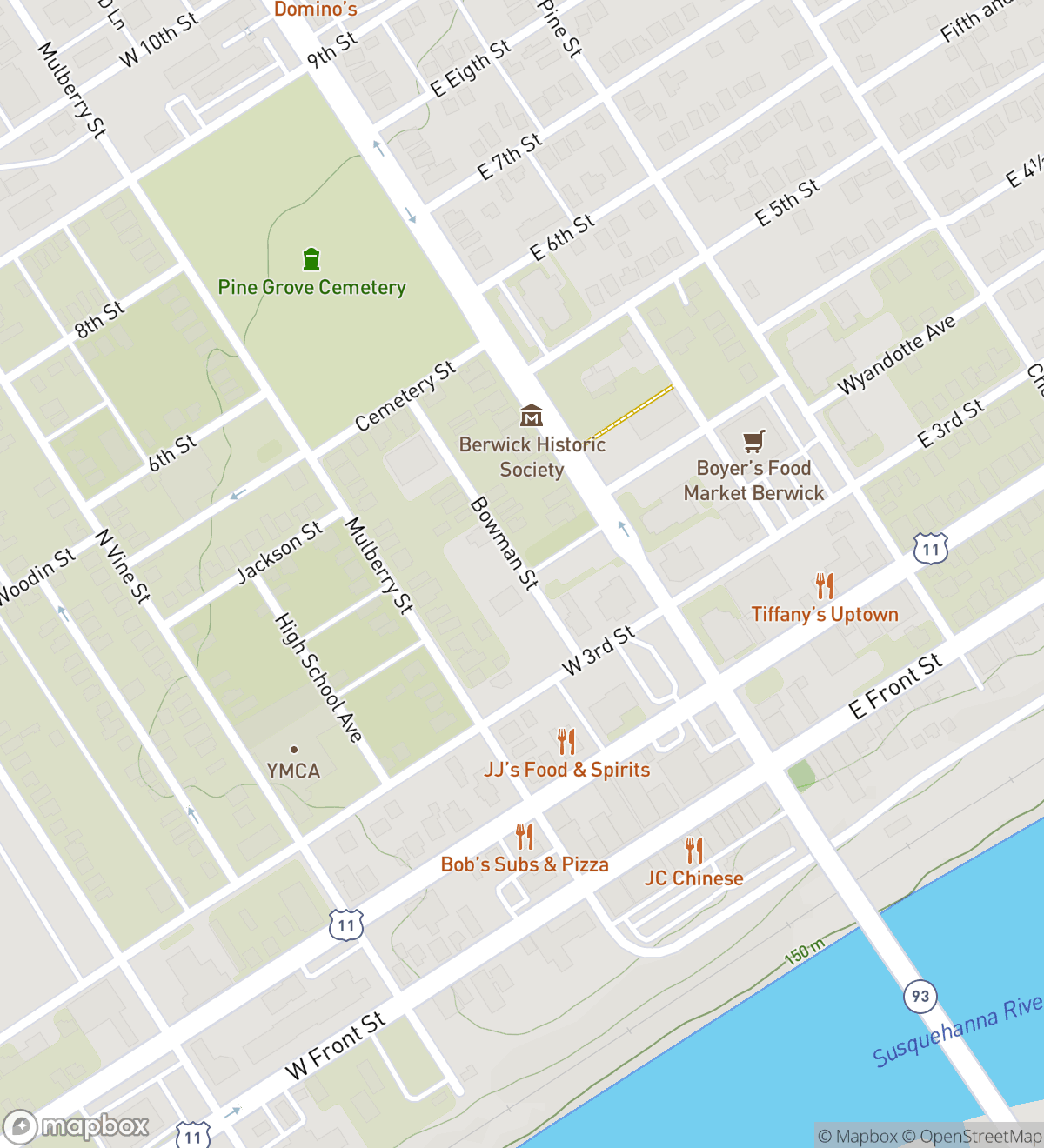Map of 7 numbered scavenger hunt stops in Berwick