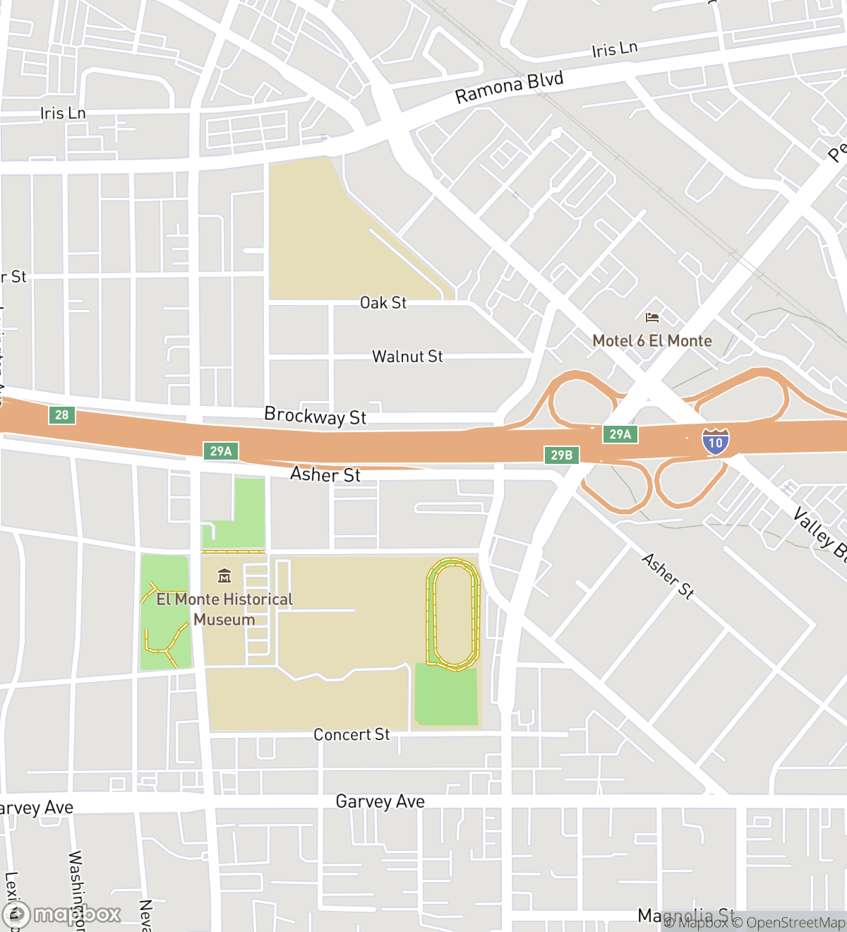 Map of 7 numbered scavenger hunt stops in El Monte