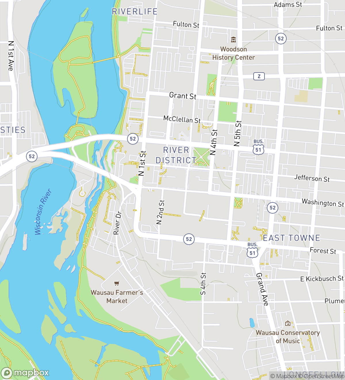 Map of 7 numbered scavenger hunt stops in Wausau
