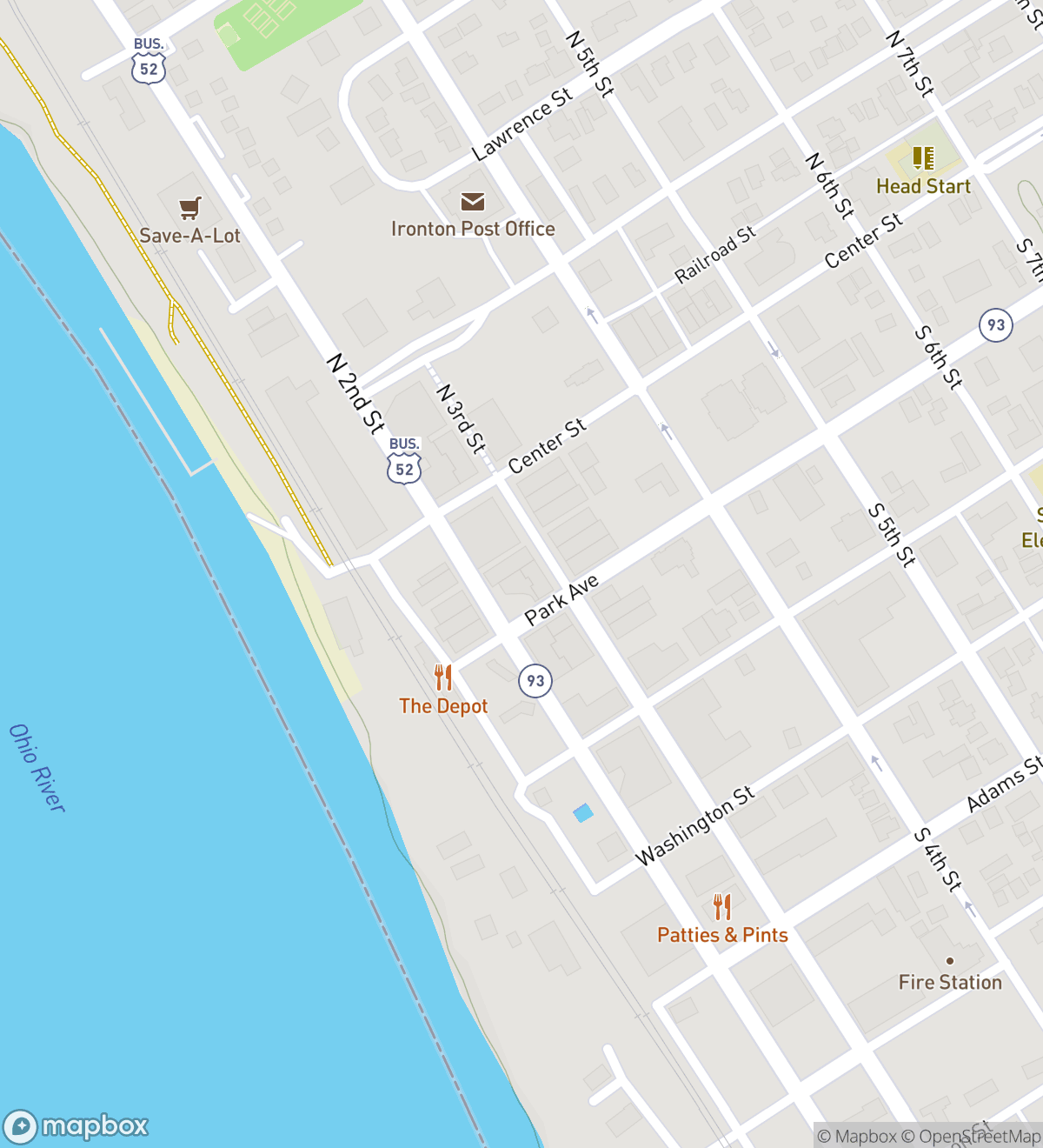 Map of 8 numbered scavenger hunt stops in Ironton