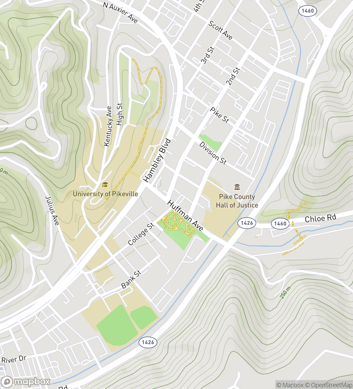 Map of 8 numbered scavenger hunt stops in Pikeville