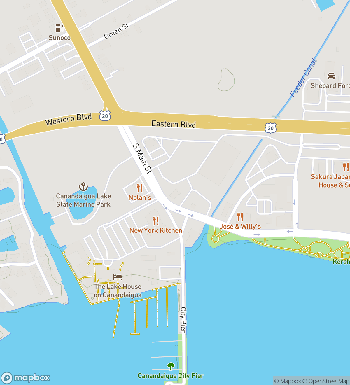 Map of 7 numbered scavenger hunt stops in Canandaigua